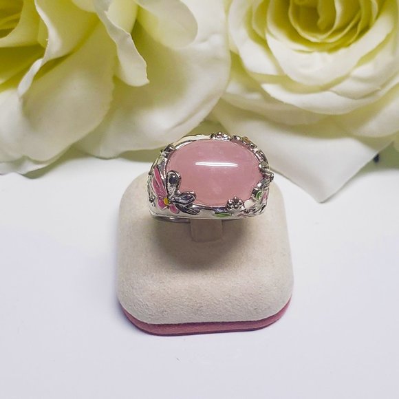 Vintage ring Rose Quartz stone with flowers design & silver band - Picture 2 of 10